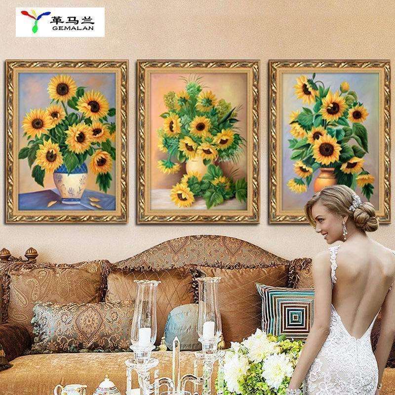美式向日葵卧室床头装饰画温馨客厅三联画卫生间浴室竖版挂画油画