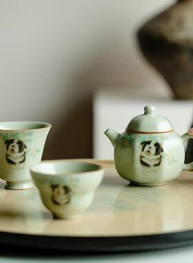 汝窑不开片可爱萌小狗茶壶泡茶壶单球壶孔犬过滤个家用陶瓷茶MDSP
