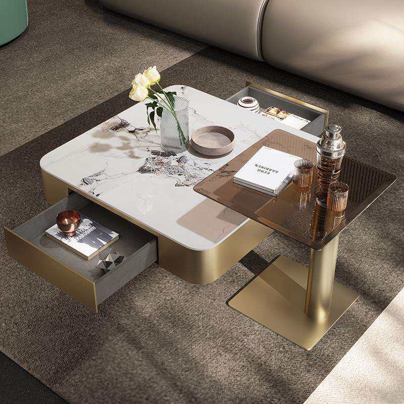 意式轻奢亮光岩板茶几电视柜组合现代简约家用小户型客厅方形茶台