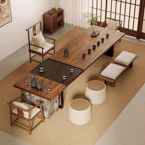 宋代美学实木茶桌椅组合胡桃木大板茶桌新中式办公室接待泡茶桌椅