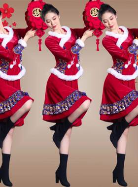 广场舞服装秋冬金丝绒中国风秧歌服裙子套装中老年喜庆打鼓演出服