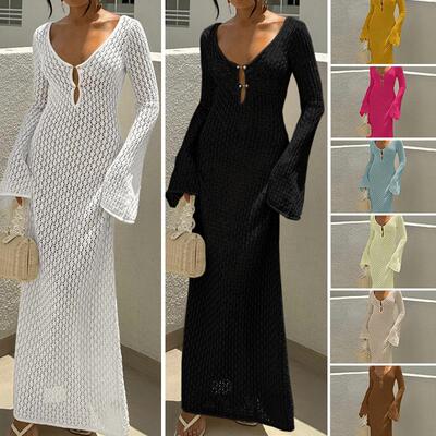 Holiday Travel Knit Elegant Long Dress Beach Vacation Hollow