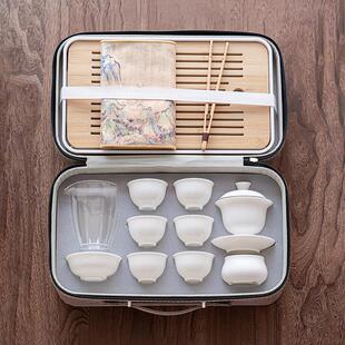 手工羊脂玉白瓷盖碗旅行茶具陶瓷家用可携式 户外露营旅行功夫茶具