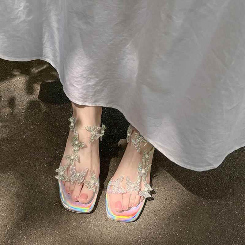 误入蝶谷~仙女风绝美凉鞋女夏bling透明蝴蝶水晶跟高跟半拖鞋外穿