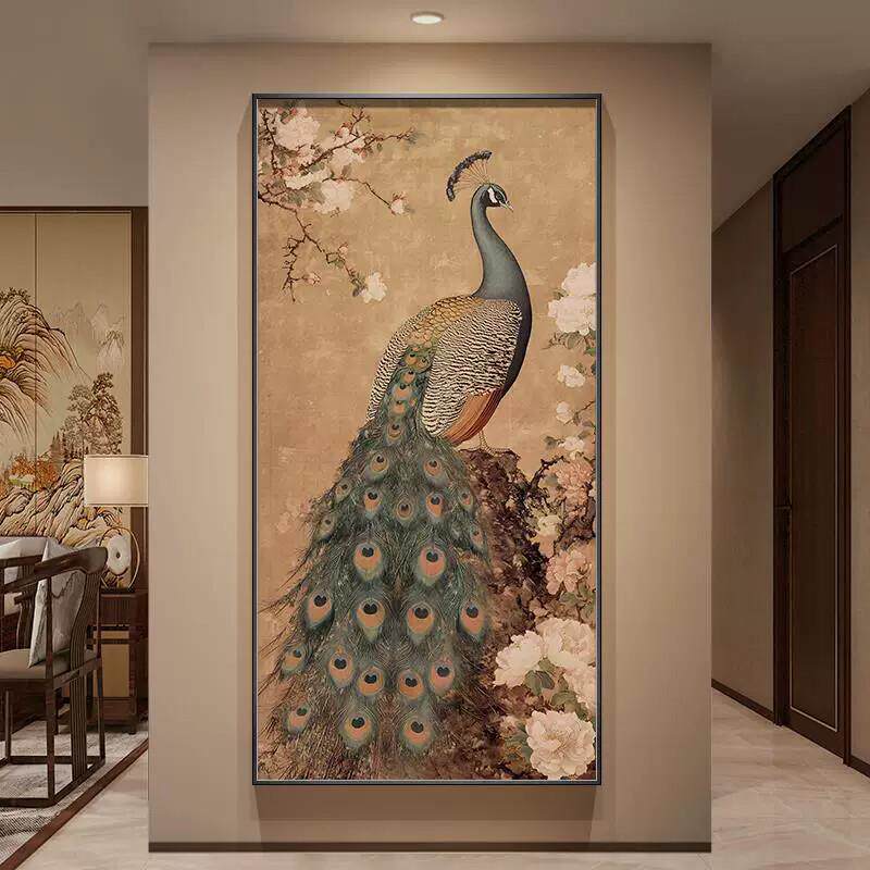 新中式玄关装饰画孔雀入户正对门壁画宋代美学走廊过道挂画寓意好