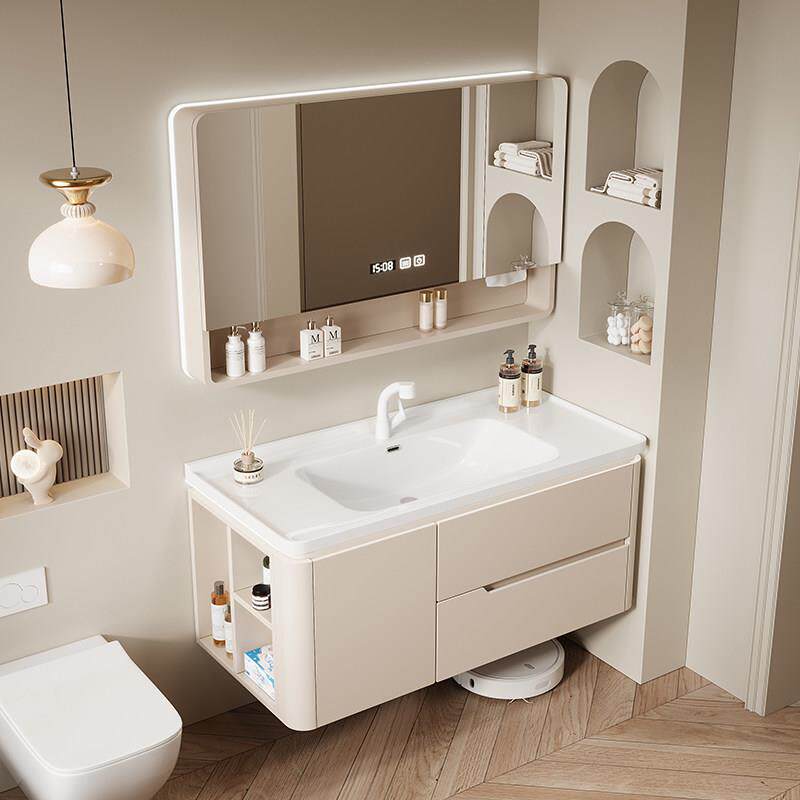 橡木浴室柜陶瓷一体盆定制侧边收纳洗漱台面奶油风卫生间智能镜子