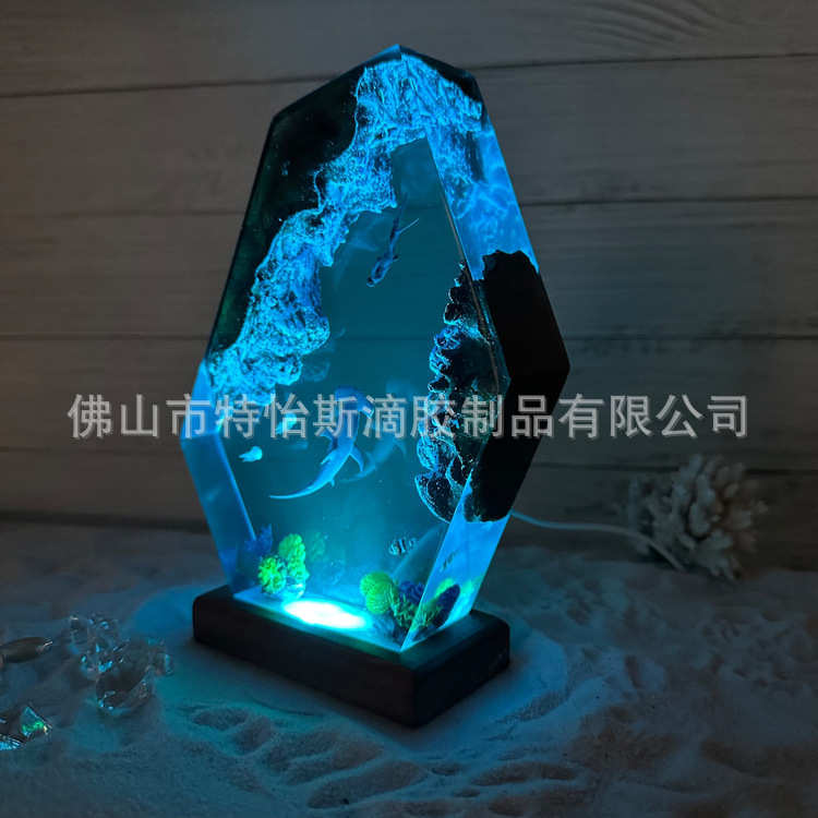 新款锤头鲨海洋小夜灯实木滴胶树脂透光创意夜灯家居摆件装饰灯