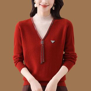 鄂尔多市羊毛衫女100纯羊毛秋冬妈妈假两件打底衫半高领毛衣加厚