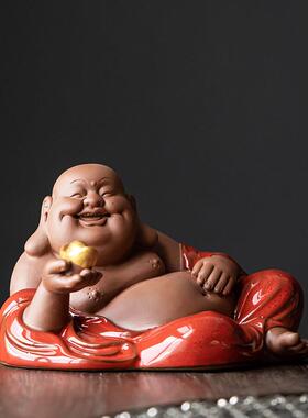 正品中办式红色大肚弥勒佛面笑佛客厅博古架公室桌饰装品陶瓷招财