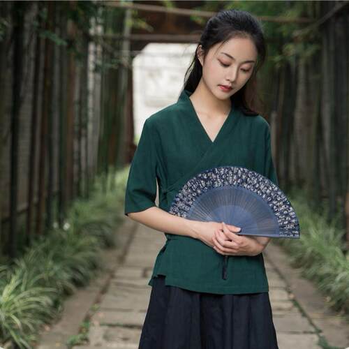 极速高级感复古墨绿中袖茶服衬衫上衣女装中国风斜襟盘扣棉麻汉服