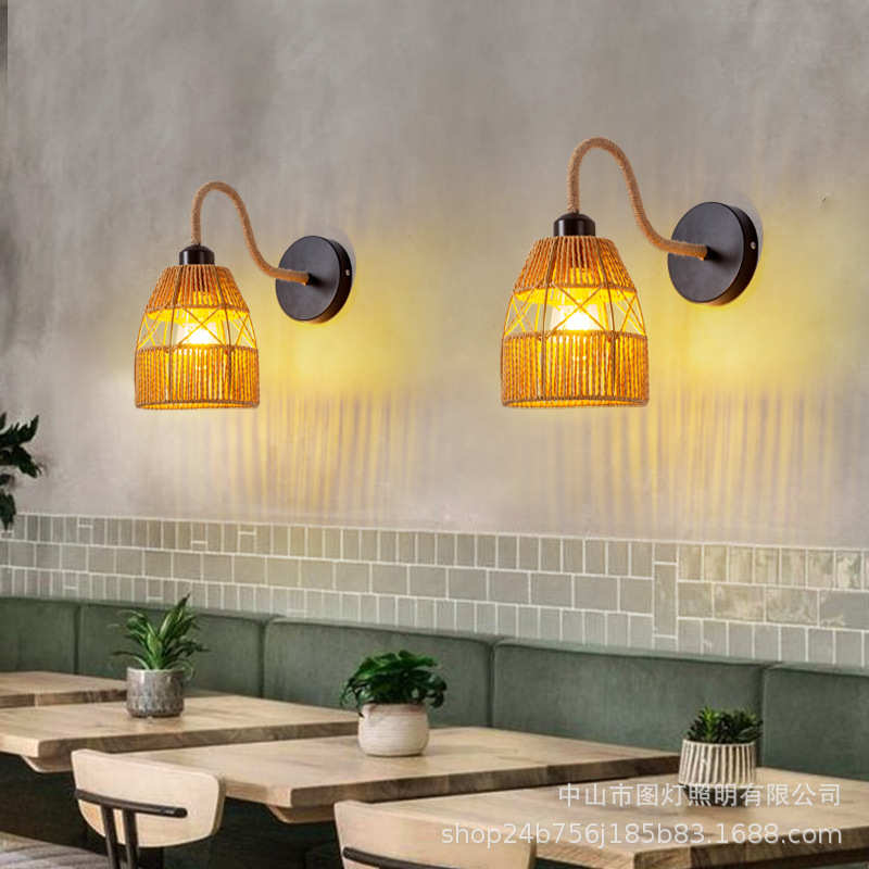 美式复古工业风LOFT酒吧过道楼梯麻绳壁灯创意卧室背景墙装饰壁灯