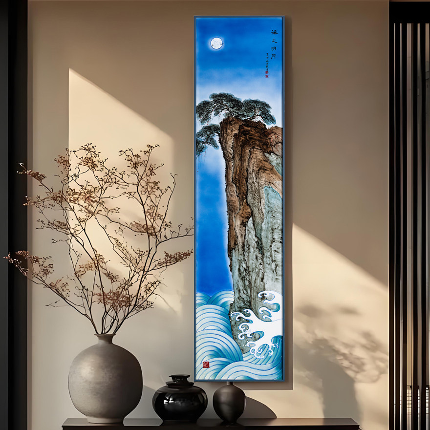 高端陶瓷手绘瓷板画 高级工美师李铭达釉下五彩高档竖条壁画摆件