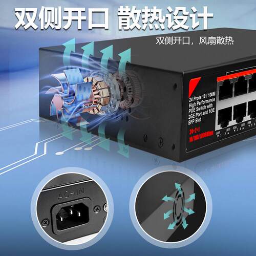 24路标准POE交换机千兆百兆SFP光口交换机网络供电65W端口防雷4KV