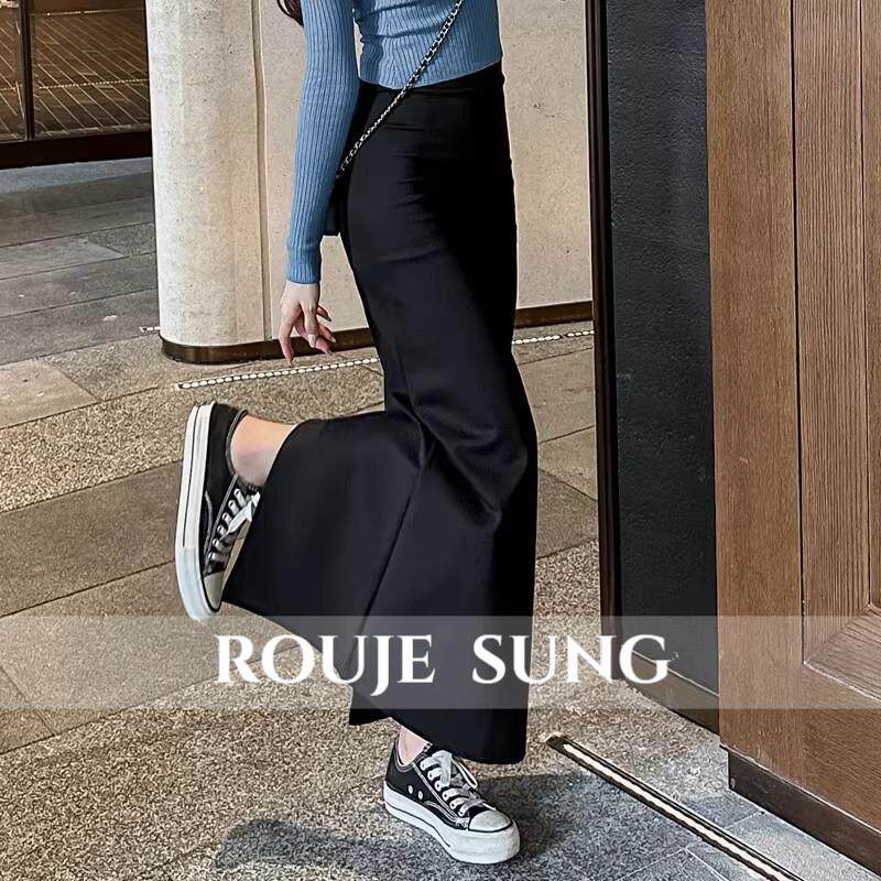 ROUJE SUNG~黑色直筒半身长裙女春秋季开叉高腰显瘦配西装小黑裙