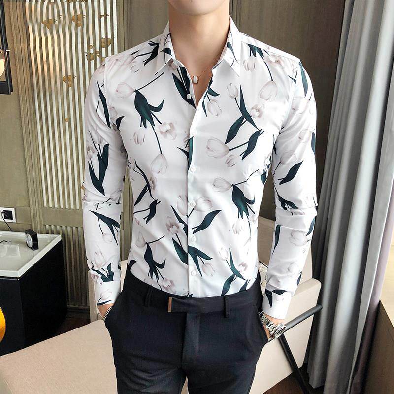 花衬衫男高级感春夏季韩版时尚潮流休闲百搭修身印花痞帅冰丝衬衣