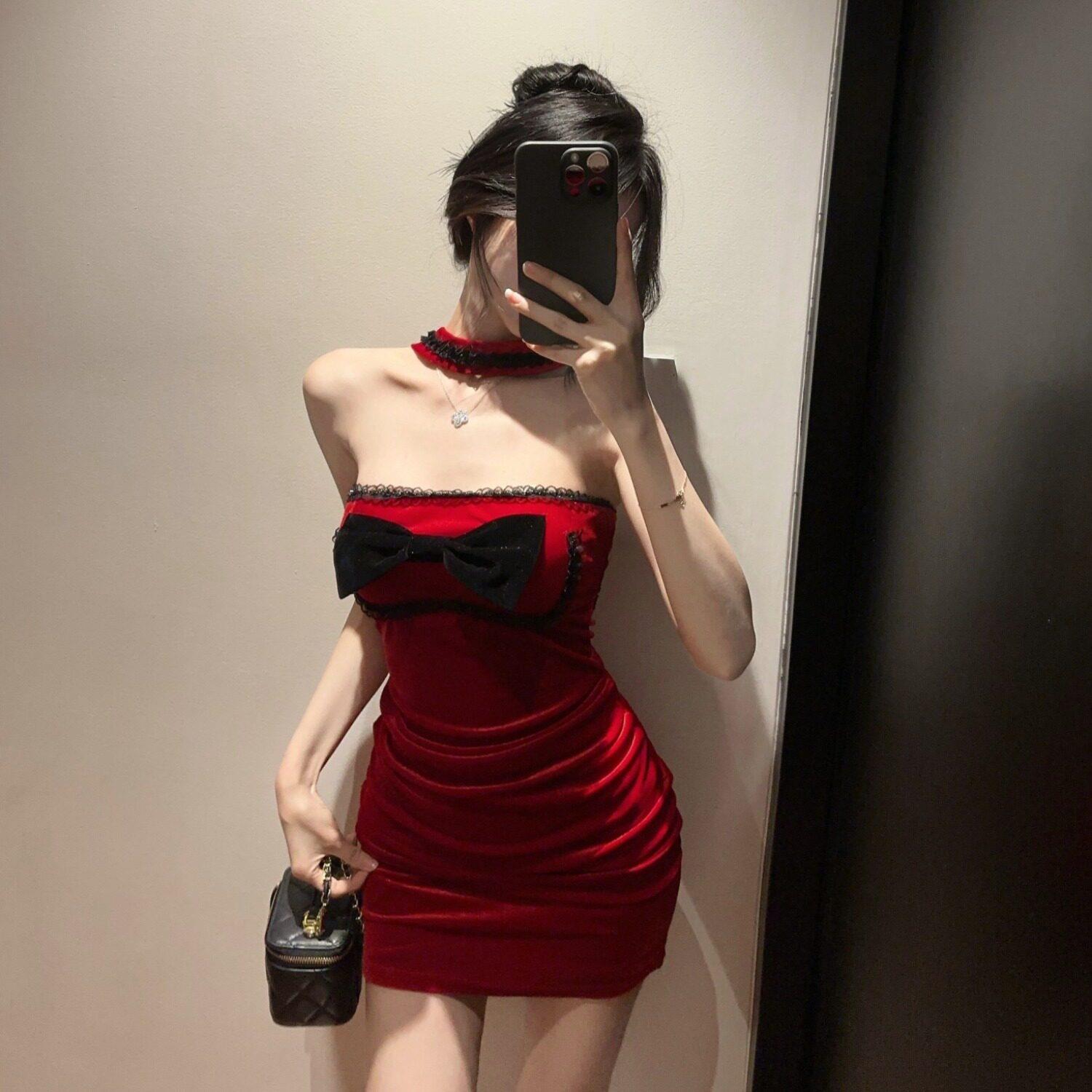 直播衣服女主播上镜夜场酒吧圣诞节红色性感一字肩抹胸挂脖连衣裙