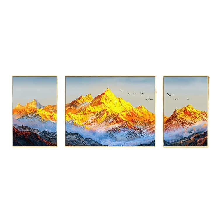 背靠金山客厅背景墙装饰画靠山图生意人挂画大尺寸三联画晶瓷画