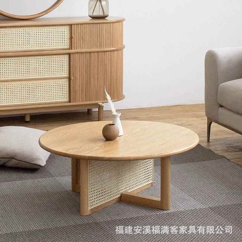 日式家用客厅小户型茶几桌原木风简约圆形实木藤编小桌子网红矮桌
