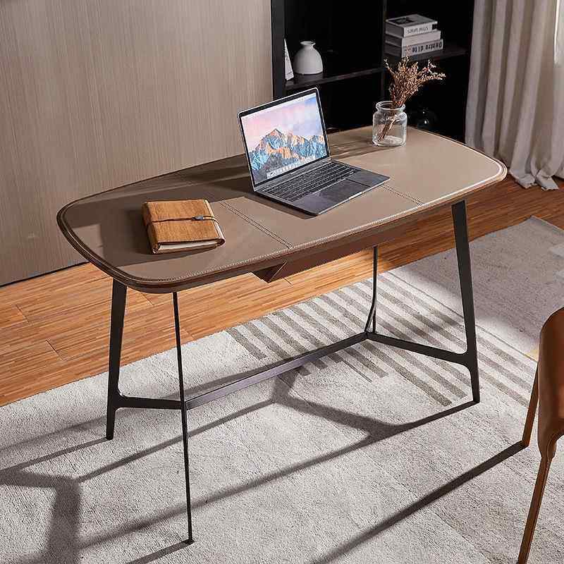 意式现代简约学生书桌不锈钢马鞍皮电脑家用办公台网红实木桌新款