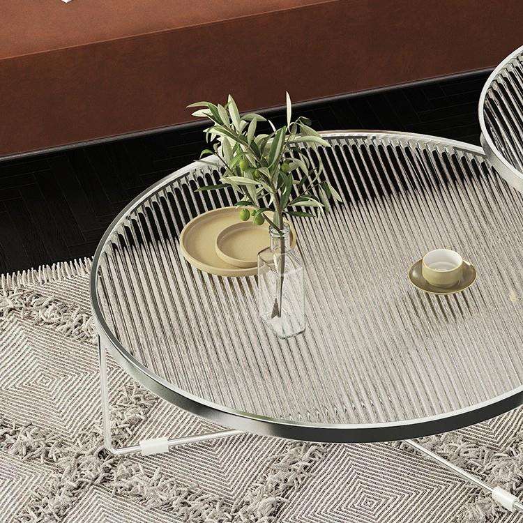 轻奢简约圆形不锈钢玻璃沙发茶几 小户型家用工业风铁艺茶几组合