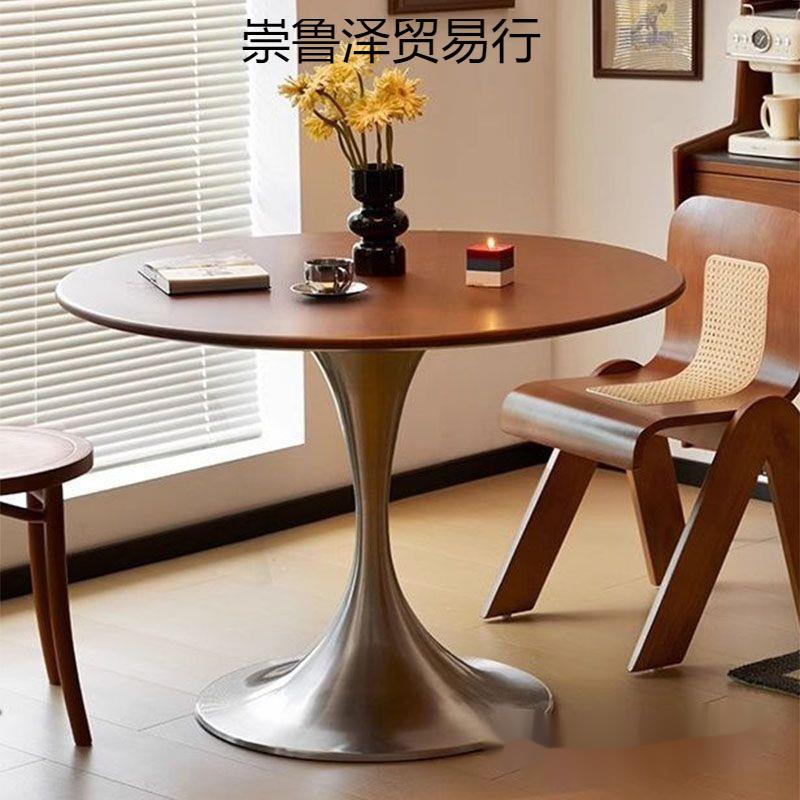 古风风复古实木小圆桌北欧家用小户型简约饭桌不锈钢圆形餐桌儿童