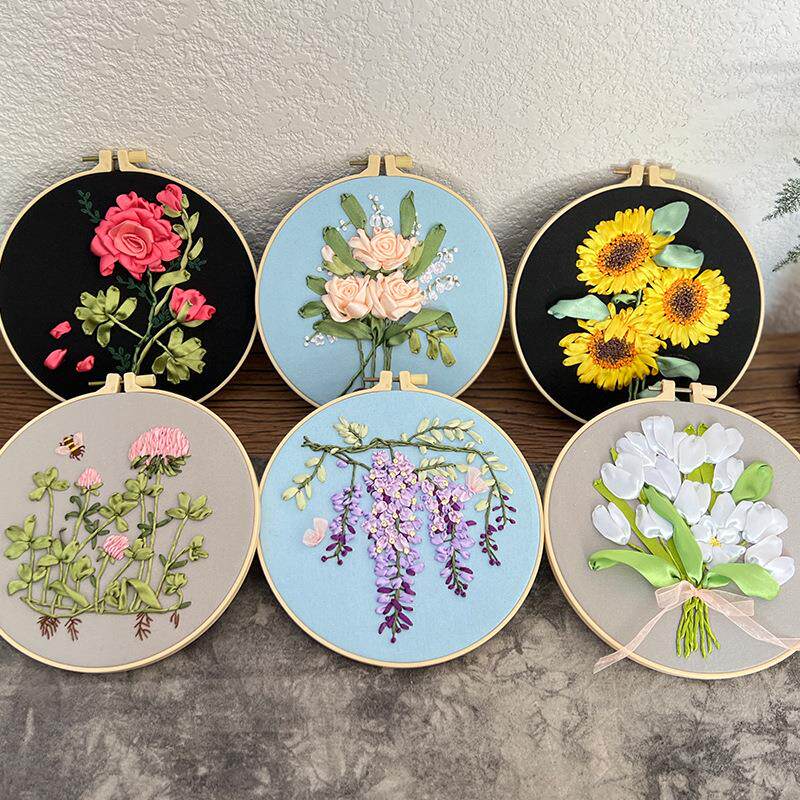 鲁绣立体花卉系列丝带绣挂画 手工diy鲁绣材料包郁金香客厅装饰画