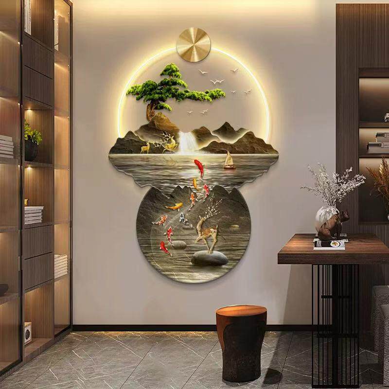 流水生财新中式玄关装饰画入户正对门壁画灯走廊过道山水高端挂画