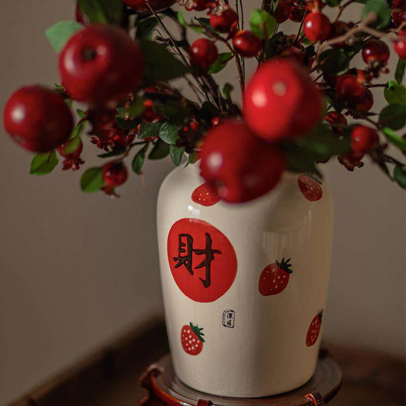 喜庆花瓶摆件新年装饰客厅水培插花器皿中式复古陶瓷花瓶高级感
