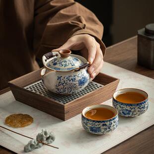 青花汝窑缠枝莲一壶二杯快客杯便携式 企业印logo 户外旅行茶具套装