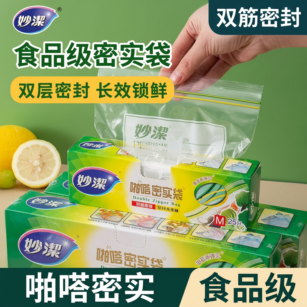 妙洁啪嗒密实袋食品级保鲜袋双筋密封冰箱收纳密封袋塑料袋家用