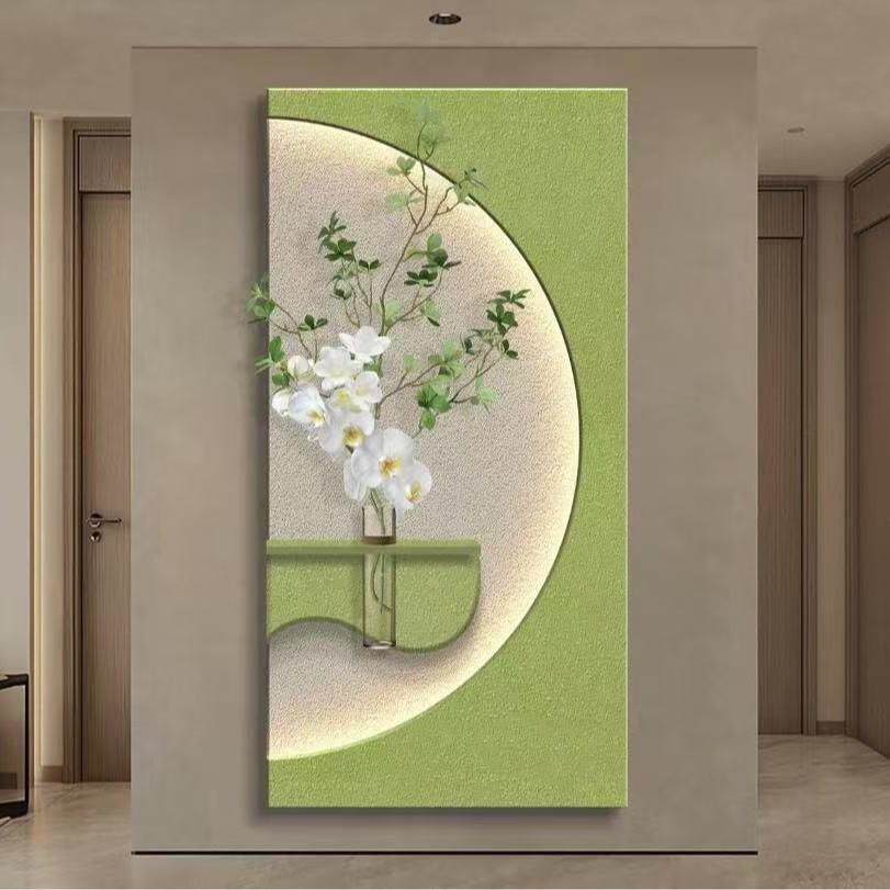 奶油风创意水培绿植入户门玄关装饰画砂岩双层带灯光走廊过道挂画