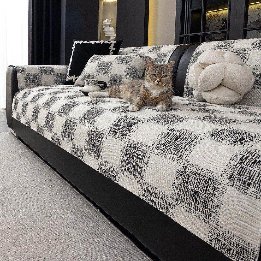 私人定制2025彷棉麻亚麻编织沙发垫防滑轻奢格子防猫抓盖布套罩