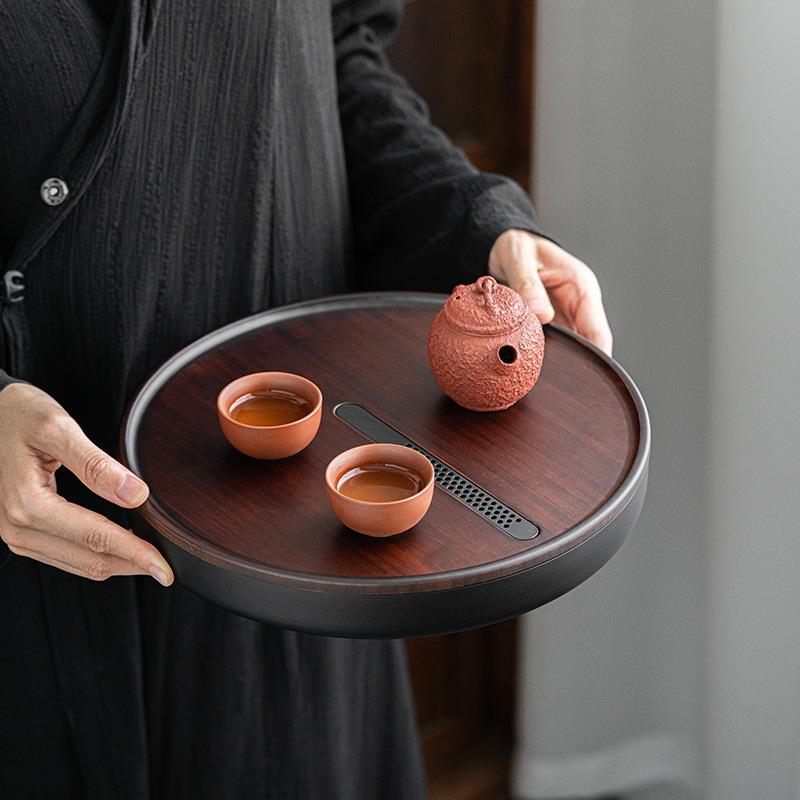 简约圆形茶盘不锈钢托盘轻便家用竹制面板小型茶海茶台沥水干泡盘