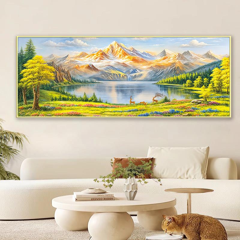 客厅装饰画聚宝盆山水画高档大气沙发背景墙挂画大横幅办公室壁画