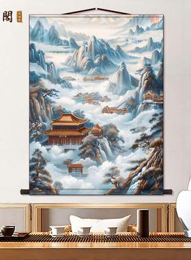 云雾山水画堂口画天宫仙境无活物壁画墙贴小桥亭子风景装饰画挂画