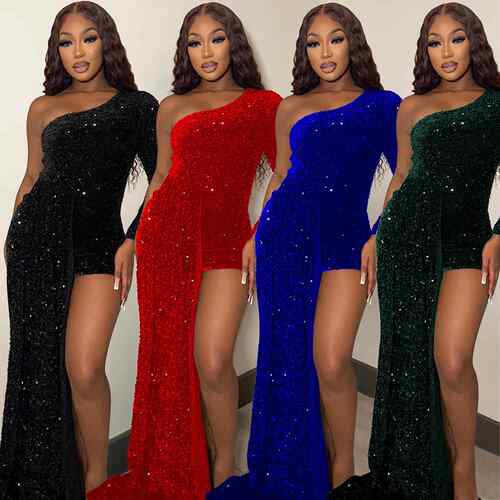 Tight fitting one shoulder long sleeved beaded large swing