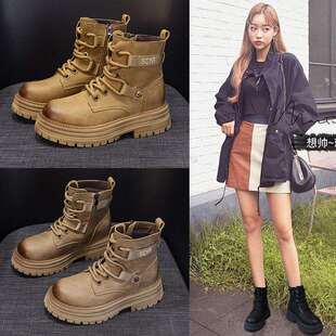 风马丁靴加绒短筒雪地靴女靴 皮面厚底工装 大黄靴女2025秋季 新款
