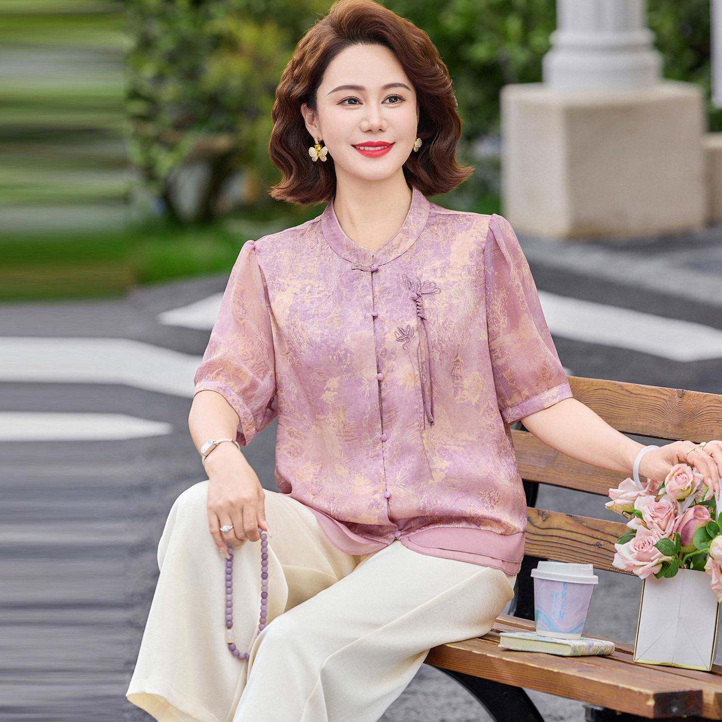国风中年衬衫女短袖夏装桑蚕丝100%两件套妈妈真丝立领透气上衣薄