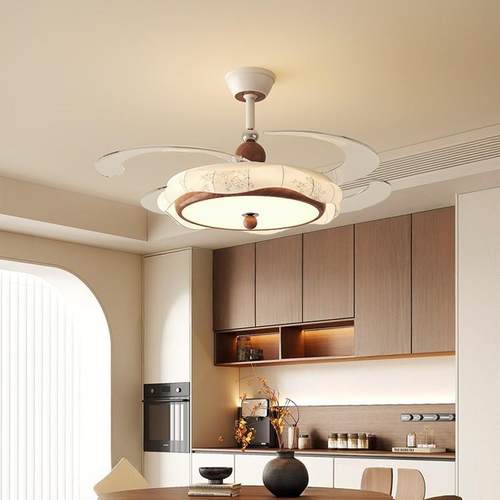 中式餐厅风扇灯吊灯复古风布艺印花美隐形音大风力古饭无品牌/静