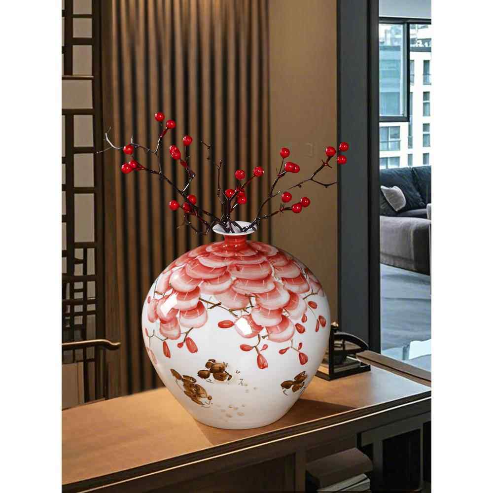 高档景德手绘陶瓷花镇瓶客插花厅高级假式花新中宋代美学玄关装饰