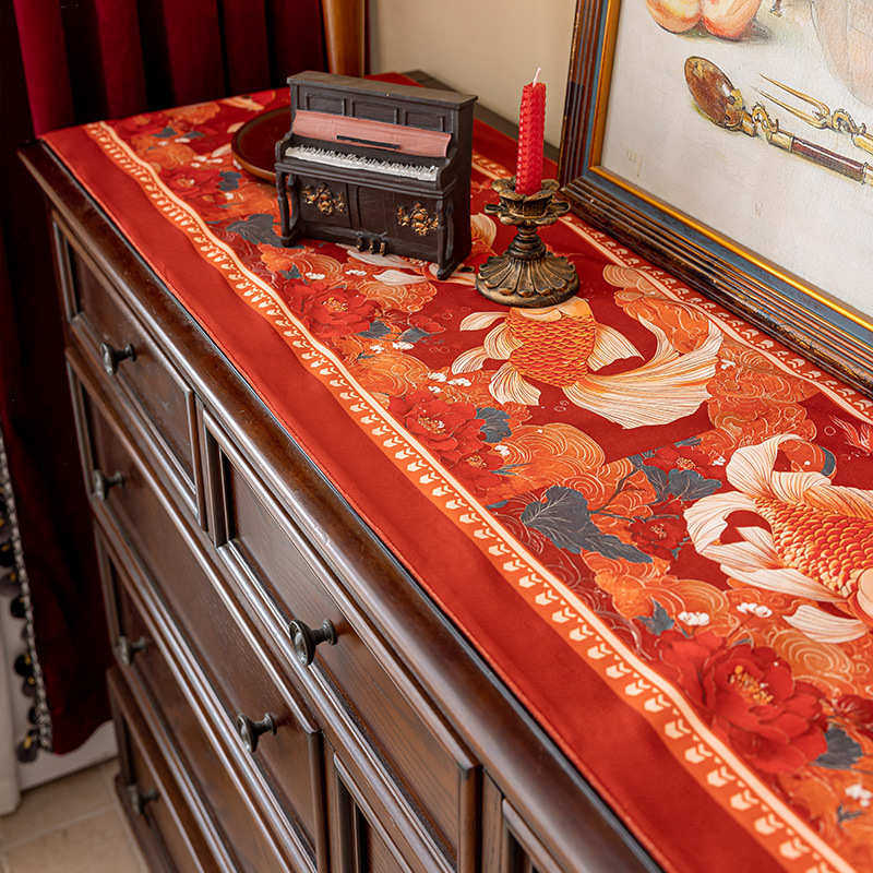 红色桌旗茶旗布过年中式氛围感柜旗锦鲤好运装饰重工新年结婚床旗,居家布艺,桌旗,淘宝优惠券,粉丝福利购,淘宝优惠卷