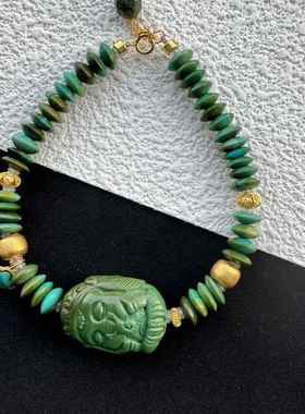 原矿高瓷绿松石飞碟珠手链 18k金镶嵌单圈手串尺寸22.5×17×11mm