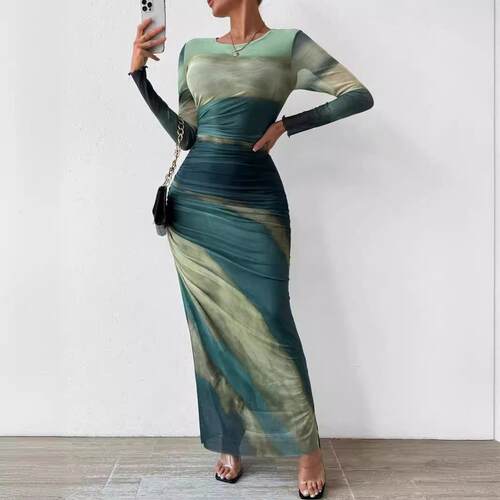 Cotton print pleated tight dress 纱印花褶饰紧身连衣裙