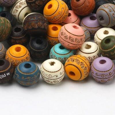 Natural Wood Beads 10mm Loose Colored Wooden Beads Carved