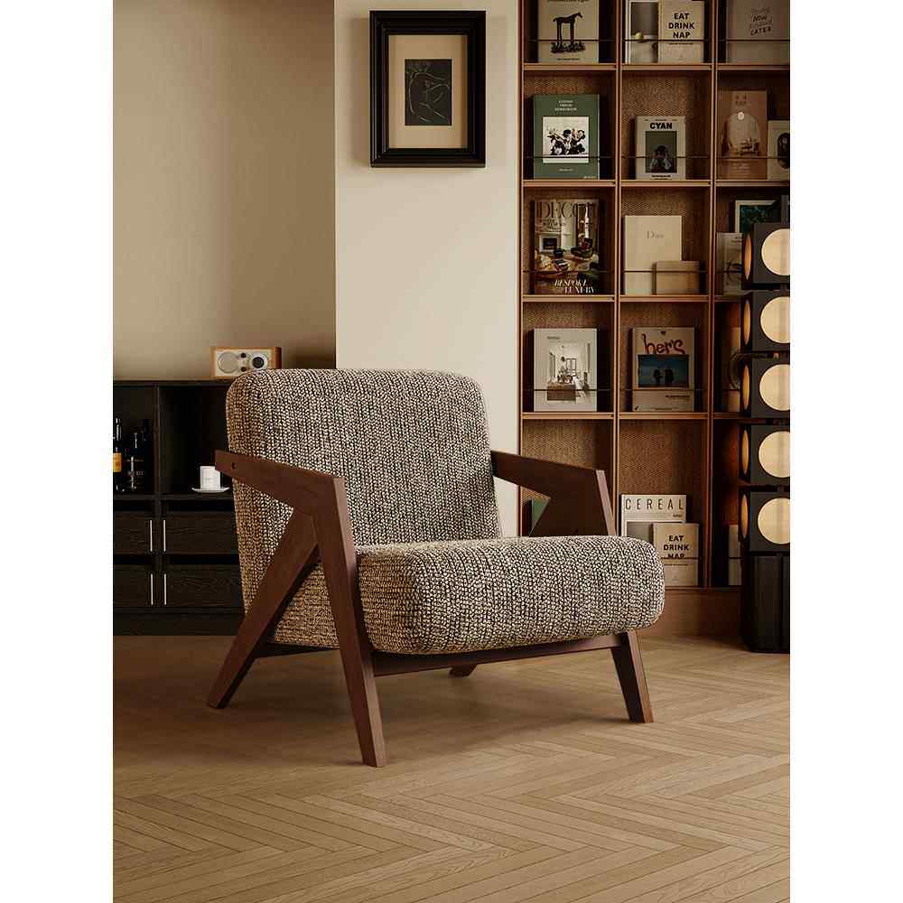 需定制中古风理查德实木单人沙发椅休闲侘寂民宿酒店客厅阳台设计