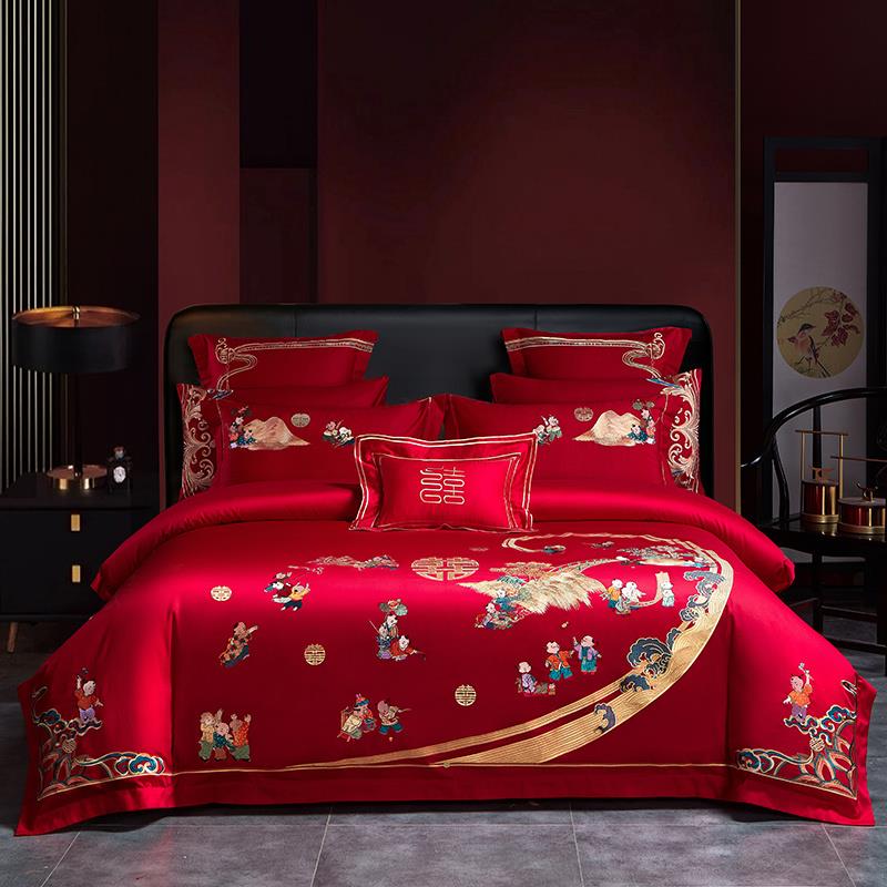 高档庆婚四件套大色全棉被套床单结婚刺绣纯红六十件套床上用品1