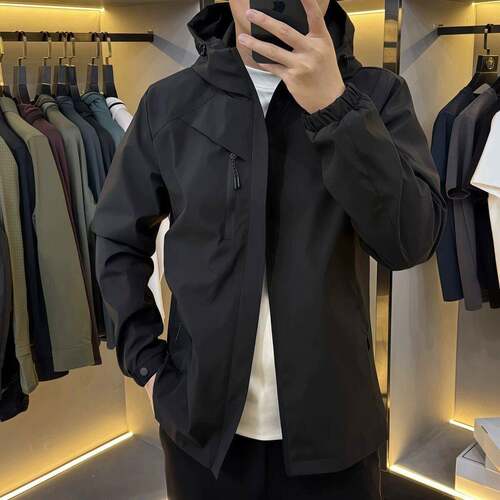 秋冬新款男士休闲简约纯色连帽夹克外套男户外防风百搭通勤1014e