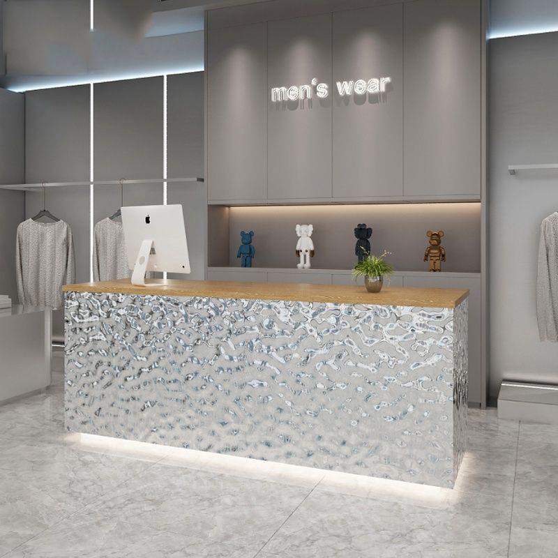简约现代服装店水波纹不锈钢吧台小型美容院餐厅理发店收银台前台
