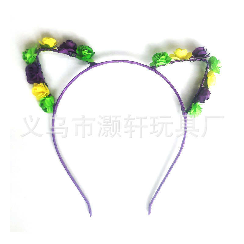 Mardi Gras狂欢节黄绿紫三色长毛绒腿套纱裙花朵羽毛猫耳头箍套装