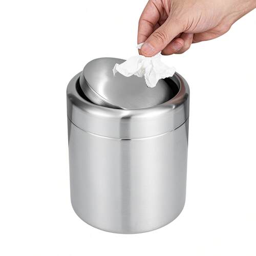 304不锈钢桌面垃圾桶圆形1.5L翻盖卫生间迷你台面纸篓杂物收纳桶